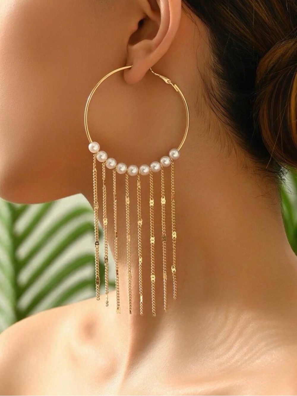 Gold Hoop Earrings with Pearl Row and Fringe Chains